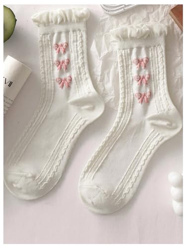 Image of SHENHE Women's 3 Pairs Knitted Crew Socks Ruffle Frilly Bow Patterned Soft Ankle Socks White One-Size
