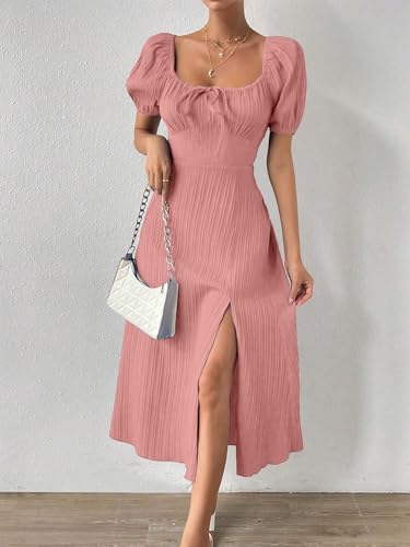Image of Shasmi Women's & Girl's Tie Front Split Thigh Milkmaid Maxi Dress - Square Neck Puff Sleeve A-Line Long Dress, Elegant Casual & Parties Wear for Ledies (Dress 245)