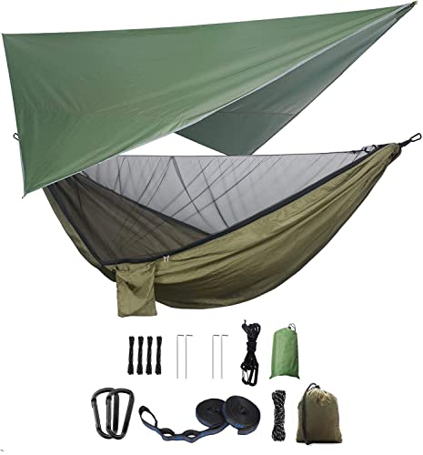 Camping Hängematten Set, Einzel Doppel Hängematte, Moskitonetz, Insektennetz, Regenfliege, hochfestes Fallschirm Stoff Hängebett. Geeignet für Outdoor, Wandern, Camping, Reisen (Armeegrün)