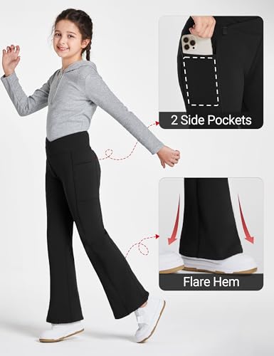 FitsT4 Sports Girls Fleece Lined Flare Pants Cross Waist Bell Bottom Leggings with Pockets Kids Bootcut Yoga Athletic Pants3