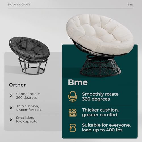 Image of Bme Ergonomic Wicker Papasan Chair with Soft Thick Density Fabric Cushion, High Capacity Steel Frame, 360 Degree Swivel for Living, Bedroom, Reading Room, Lounge, Arctic Snow - Black Base