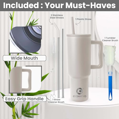 1200 ML Stainless Steel Tumbler with Lid and 3 Straws, Double Insulated Cup with Handle for Hot and Cold, 100% Leakproof Mug for Office, Gym and Travel - Beige