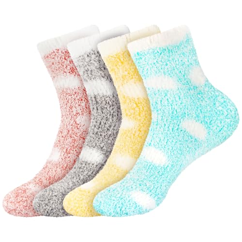 Image of BambooMN Women's Soft Warm Fuzzy Fluffy Polka Dot Cuff Crew Home Socks