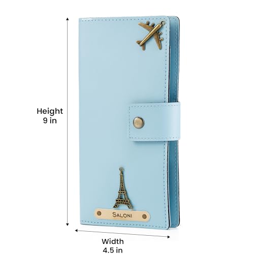 Image of AICA Personalized Name & Charm Long Leather Wallet Passport Cover (Babyblue) with Passport, Boarding Pass, Currency, Card Slot & Coin Holder for Men & Women| Gifts for Woman| Gift for Man|Diwali Gifts
