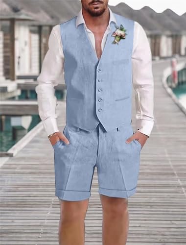Men's Linen Suits 2 Pieces Slim Fit Short Suit Casual Linen Tuxedos Summer Beach Wedding Prom Vest and Shorts Pants2