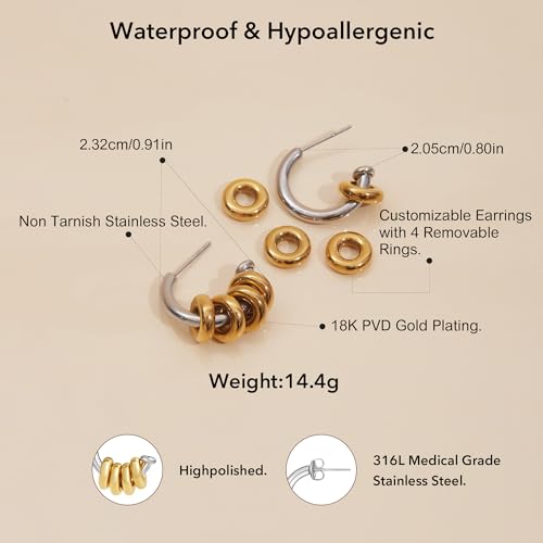 18K Gold Plated Hoop Earrings Stainless Steel Hypoallergenic Earrings Gold and Silver Two Tone Cuff Earring Hanging Round Pendant Statement Earrings for Women 6