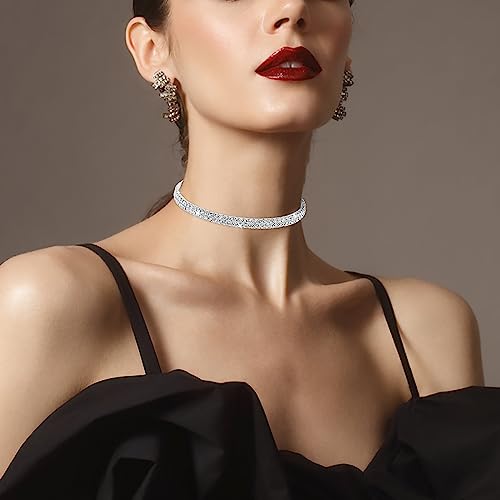 Yolev Choker Silber 2 Drainage Diamant Halsketten Silberne Strass Choker Halskette Funkelnde Kristall Halsband Damen Schmuck Hochzeit Party Abschlussball Accessoires für Braut Mädchen