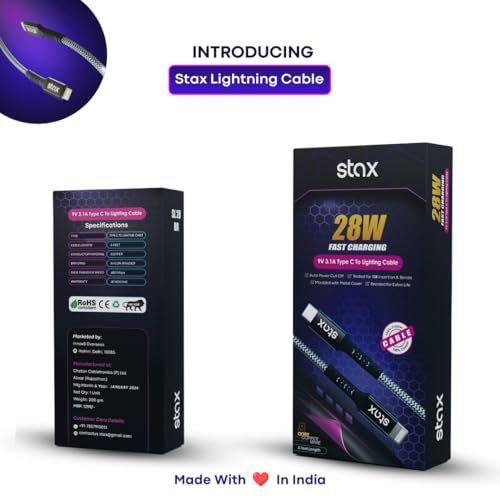 Image of STAX Charging Cable C to Lighting Type Fast Charging 28w | Extra Long | Auto Power Cut Off | Nylon Braided