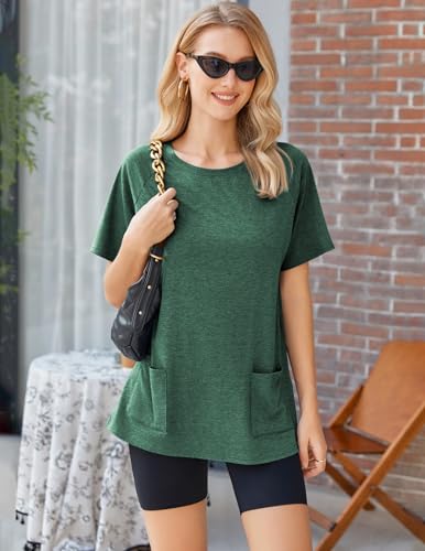 Image of Ekouaer Two Piece Sets for Women Summer Outfits 2026 Lounge Set Crew Neck Tshirts Biker Short Sweatsuit with Pocket