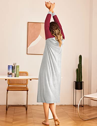 Ekouaer Long Nightgown Women's Long Sleeve Sleepwear V Neck Loungewear Button Floor Length Nightwear A-Wine Red #TOP2