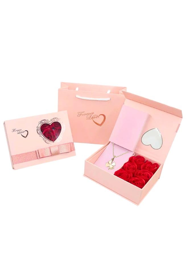 GenericRomantic Valentine's Day Gift Box with Clover Necklace, Rose-themed Jewelry Packaging Box for Rings, Bracelets, and Necklaces – Perfect Valentine, Mother's Day and Anniversary (Golden Necklace)