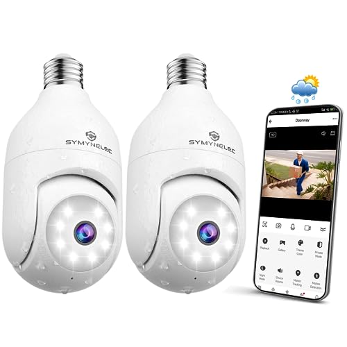 SYMYNELEC Caméra Surveillance Ampoule Extérieure Étanche 2 Pièces, Caméra WiFi 360 sans Fil, Camera Sécurité 2K 4MP avec Suivi Humain, Vision Nocturne Couleur, Audio Bidirectionnel, Alexa & Google
