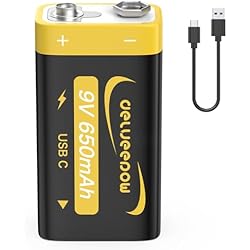 Cargador Y Pilas Recargables 9V Delyeepow Baterías de Litio Recargables de 9V, 650mAh con Cable de Carga USB-C, Baterías de Alta Capacidad 6F22 para Detectores de Humo, Guitarras Eléctricas, Micrófonos, Walkie-talkies y más