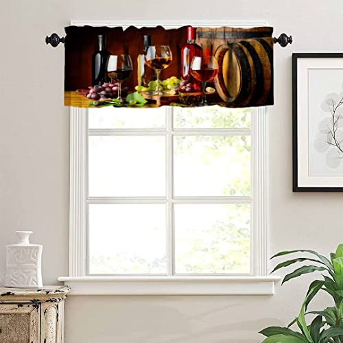 Wine Valance Curtain, Vintage Barrel Red Wine On Table Glasses Wine Grapes Windows Curtain Valance For Kitchen Dining Room Canteens Home Decor, One Panel 54X18In #TOP3