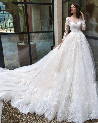 RYANTH Lace Appliques Wedding Dress for Bride Long Sleeves Bridal Ball Gown A Line Wedding Dresses RDX-W344