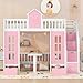 MERITLINE Twin Loft Beds with Storage Stairs and Desk, Wooden Castle Shaped Twin Over Twin Bunk Bed with Changeable Desk, Bunk Bed with Storage Drawers for Kids, Pink