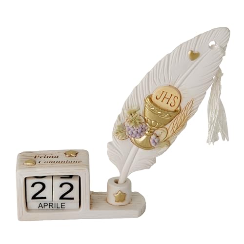 Doni Bomboniere Comunione 1 pz Calendario Perpetuo con Scritta Prima Bambino Bambina Femmina Maschio Bimbo Bimba Complete Originali Economiche sulla Penna del Calamaio Sono Raffigurati I Simboli Sacri