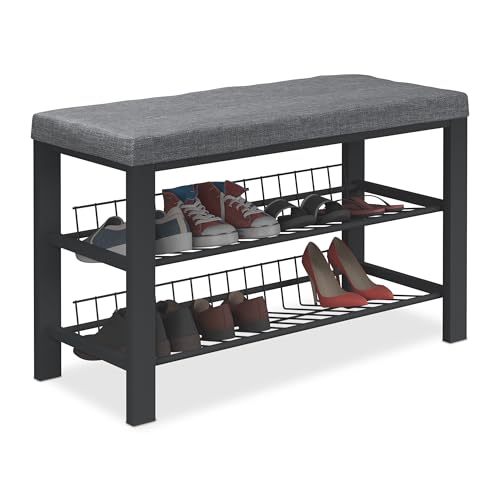 Relaxdays Banco Zapatero, Organizador Zapatos Recibidor, Acolchado, 2 Baldas, Tela, Metal, 5x82x33cm, Antracita/Negro, Tablero de Fibras, 50,5 x 82 x 33 cm