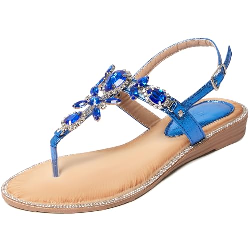 Image of iCKER Women Rhinestone Sandals T-Strap Buckle Bohemian Pearl Crystal Flat Sandals