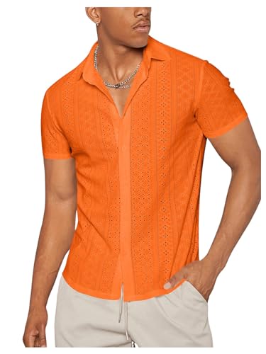 WDIRARA Men's Hollow Out Button Down Shirts Summer Collared Neck Short Sleeve Shirts