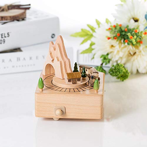 Caja musical de madera con túnel de montaña y tren magnético de juguete para decoración 6