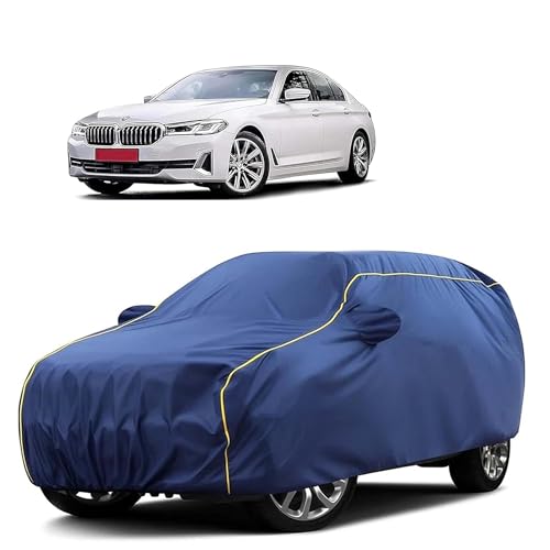 Image of Sulfar 100% Water Resistant Car Body Cover Compatible with Mirror for BMW 5 Series (Triple Stitched, Full Bottom Elastic, Blue Taffeta with Yellow Piping)