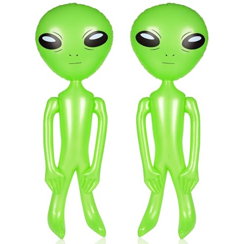 ArtCreativity Green Inflatable Alien, Set of 2, Outer Space Decorations, 34 Inch Inflatable UFO...