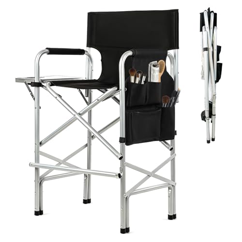 GDGYOFN Makeup Chair for Makeup Artist 45.6'', Tall Directors Chairs Foldable for Clients with Side Table Cup Holder Storage Bag and Footrest, Folding Chair 400lbs Capacity Black