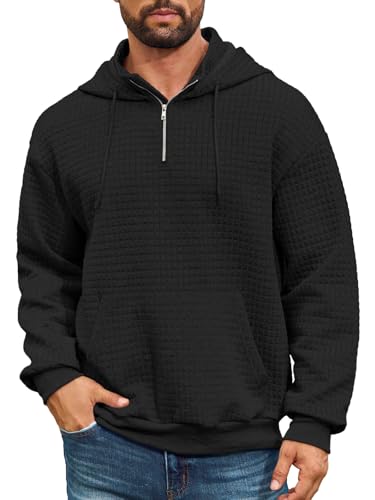 Auxo Mens Quarter Zip Pullover Fashion Quilted Hoodies Long Sleeve hooded Sweatshirt with Pocket