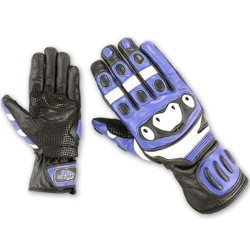 Playwell Bikers Storm Leather Motorcycle Gloves – Blue/White, Summer Race (Cowhide, Knuckle Armor)
