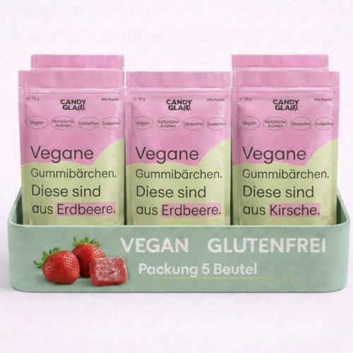 Fruchtgummis Vegan Erdbeere Pack 5 Beutel – Ohne Zuckerzusatz, Ohne künstliche Farbstoffe – Gesunde Snacks für Kinder – Glutenfrei, Ballaststoffreich – Veganer Fruchtgummi mit intensivem Geschmack