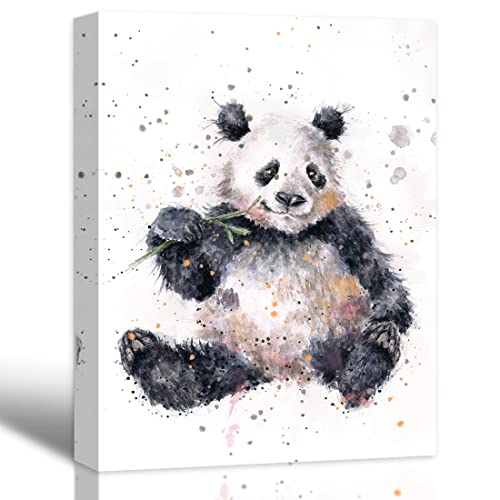 Oridomy Watercolor Panda Canvas Print Wall Art Colorful Animal Paintings Cute Panda Eat Bamboo Picture Poster Modern Framed Woodland Animals Artwork for Kids