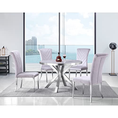 Azhome Dining Table, 45" Modern Round Dining Table For 4, Polished Stainless Steel Dining Room Table In Silver Grey #TOP2