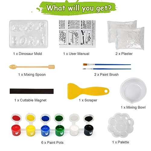 LEADSTAR Dinosaurier Gips Giessen Kinder Spielzeug DIY Malset Bastelset, Gips zum Gießen mit 7 Figuren zum Formen und Malen, Dino Malerei für Kinder 3 6 8 12 Jahre Geburtstag Weihnachten Geschenke