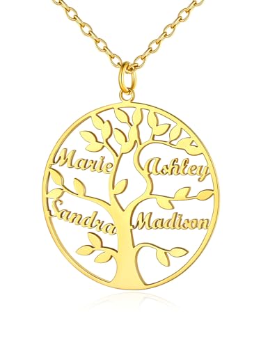 Custom4U Collier Pendentif Arbre de Vie 4 Prénoms Gravure Or Pendentif avec 4 Noms d'arbre Généalogique à Graver Bijoux Originale pour Femme Fille