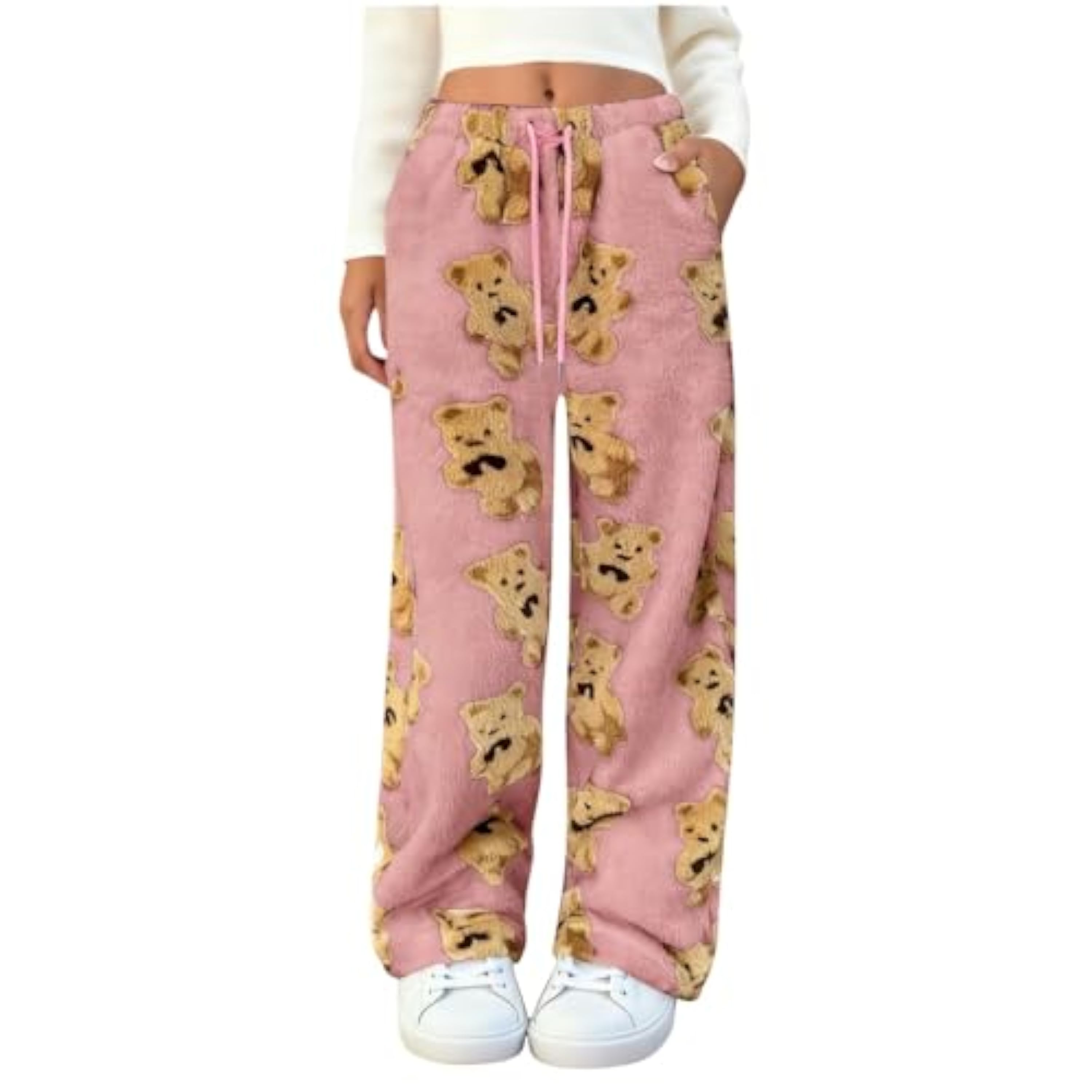 Hixingo Pantalones de Pijama Largos para Invierno Mujer, Impresión Kawaii Grande Tallas Pantalones de Pijama de Forro Polar Suaves Cómodas pantalones de Dormir de Felpa (Rosa,M)