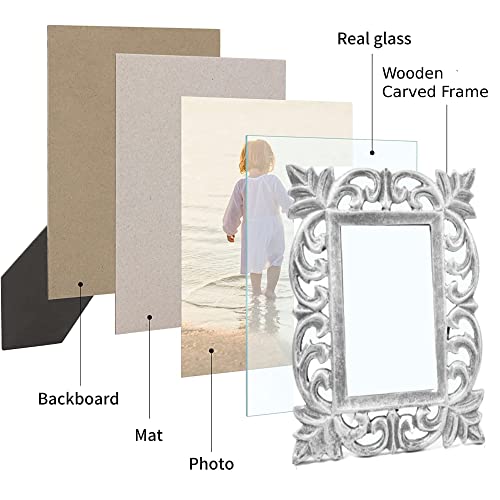 Image of Wooden Hand Carved Rectangular Photo Frame for Wall Mounted and Tabletops Display - 5x7 Inches Picture Frame - Wood Carving Decorative Home Decor Accessories Distressed Finish (Yellow)