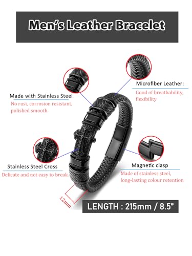 Pulsera negra de cuero trenzado con cruz de acero inoxidable 8.5 pulg. miniatura 4