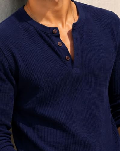 Image of AUSK Men's Waffle Knit Henley T-Shirt | Cotton Blend Full Sleeve Textured Casual T Shirt | Regular Fit Button Placket Round Neck Tshirt for Men