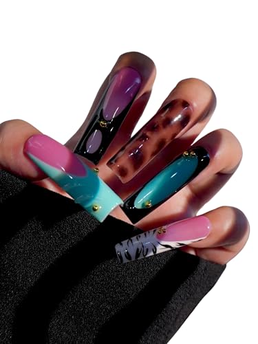HAND-PAINTED White Press Ons Neon Small Press on Nails Long French Press on Nails Coffin Medium Short Nail art Fake Nail Art Kit with 7g Glue on Nails Handmade Almond Square Nails (Large, J6)
