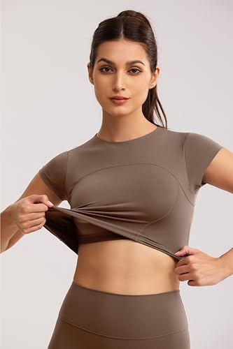 Workout Crop Tops for Women Yoga Short Sleeve Mild Support Slim Fit Cropped Athletic Shirts Gym Tee Built in Bra2