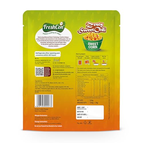 Image of Freshcon Cooked Sweetcorn - Zesty Sweet Chili Flavor | Ready to Eat | 8 Packs | Spicy & Sweet Flavored Corn | Healthy Snack | Retort Technology
