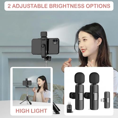 Image of Selfie Stick Tripod Stand 3 in 1 Multifunction Design Rechargeable LED Light Dual Brightness Makeup Photo Shoot K9 Dual Wireless Lavalier Microphone for Vlogs Reels YouTube Interview (K9+R1L)