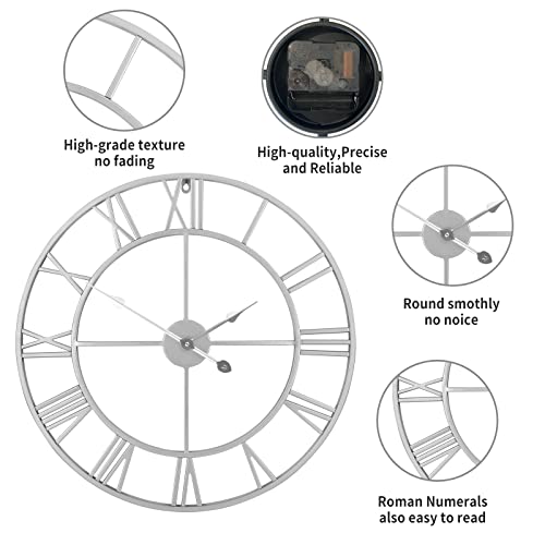 1St Owned Large Wall Clock Silent Non-Ticking Roman Numerals Vintage Battery Operated (24 Inch,18Inch,16Inch) Farmhouse Wall Clock For Living Room, Bedroom, Kitchen, Cafe Decor-Silver 40Cm #TOP3