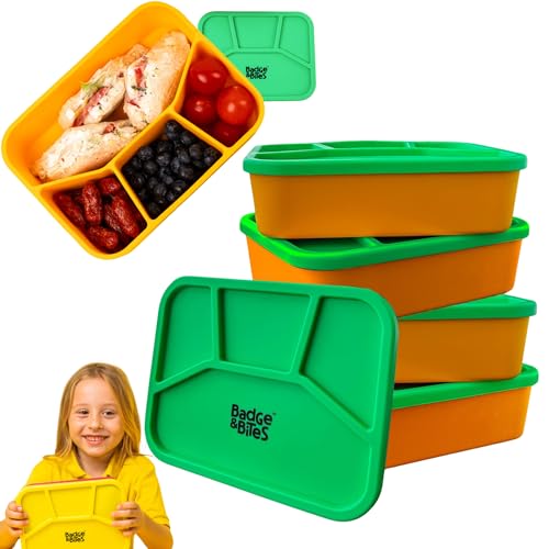 BADGE & BITES Bento Box - Lonchera de silicona para niños, niños pequeños y adultos | Contenedor de alimentos irrompible con 4 compartimentos seccionados | Perfecto para sándwiches, almuerzos