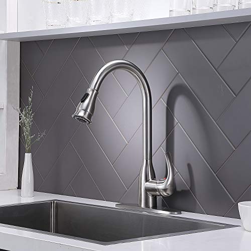 Hotis Commercial Pull Out Single Handle Stainless Steel Pull Down Sprayer Kitchen Sink Faucet, Brushed Nickel Kitchen Faucet with Plate