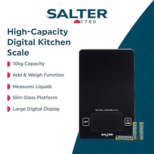 Salter High-Capacity Kitchen Scale – 10kg Capacity, Large Digital Display, Add & Weigh Zero Function, Measures Liquids, Slim Glass Platform, Food Scale, Electronic Cooking/Baking Scale