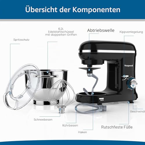 Küchenmaschine Knetmaschine zum Backen, Vospeed 6 Geschwindigkeit Elektrischer Küchenmixer mit...