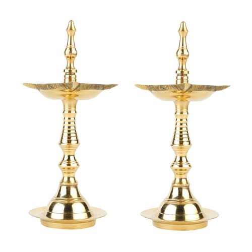 Image of Klassic 5 Inch Pure Brass Fancy Kerala Diya Oil Lamp Stand (Vilakku) | Traditional Deepam for Mandir & Temple Use | Ideal for Diwali, Navratri & Daily Worship | Set of 2