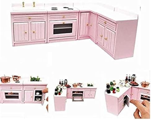 EatingBiting 1:12 Dollhouse Miniature Furniture Kitchen Wooden Pink Combination Cabinet Sink Counters 1/12 Scale Dollhouse Miniature Furniture Deluxe Wooden Kitchen Set image 2